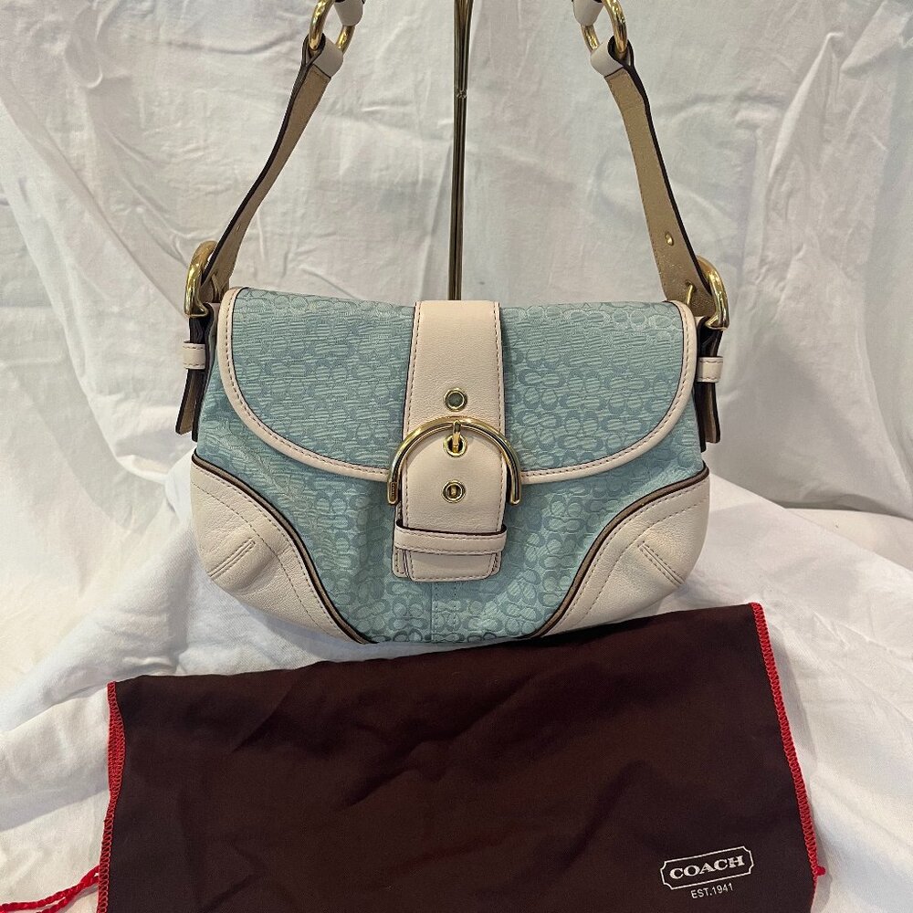 Coach Vintage -- 1457 Soho Blue Signature -- Canvas & White Leather Shoulder Bag